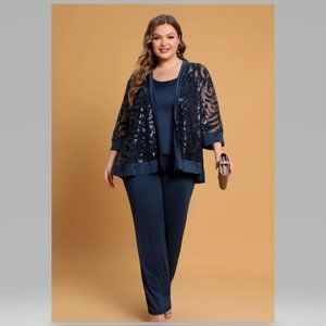 FlyCurvy 3 Piece Sequin Net Lace Pant Suit